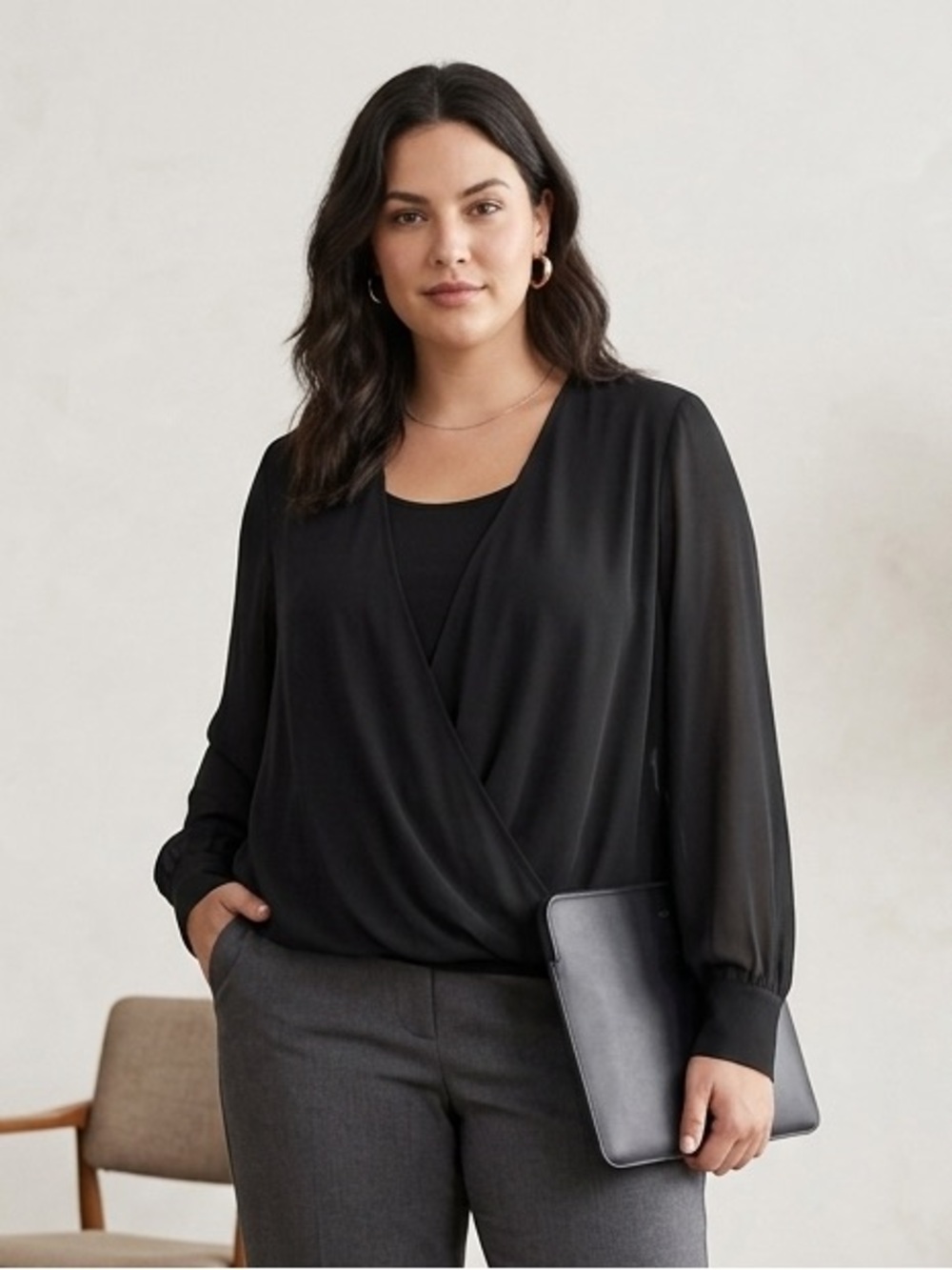Chico's black long-sleeved draped blouse with crossover front detail, women's L